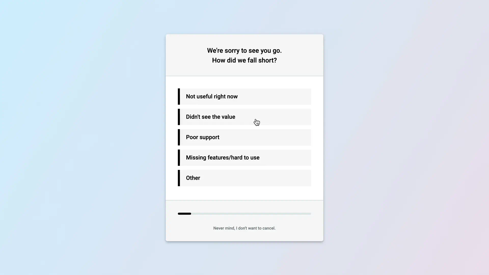 Animation showing screens in a cancellation flow. The text on the screens mirrors those found on the cancellation flows how-to guide, where each individual screen is described. The flow ends with the customer accepting a discount.