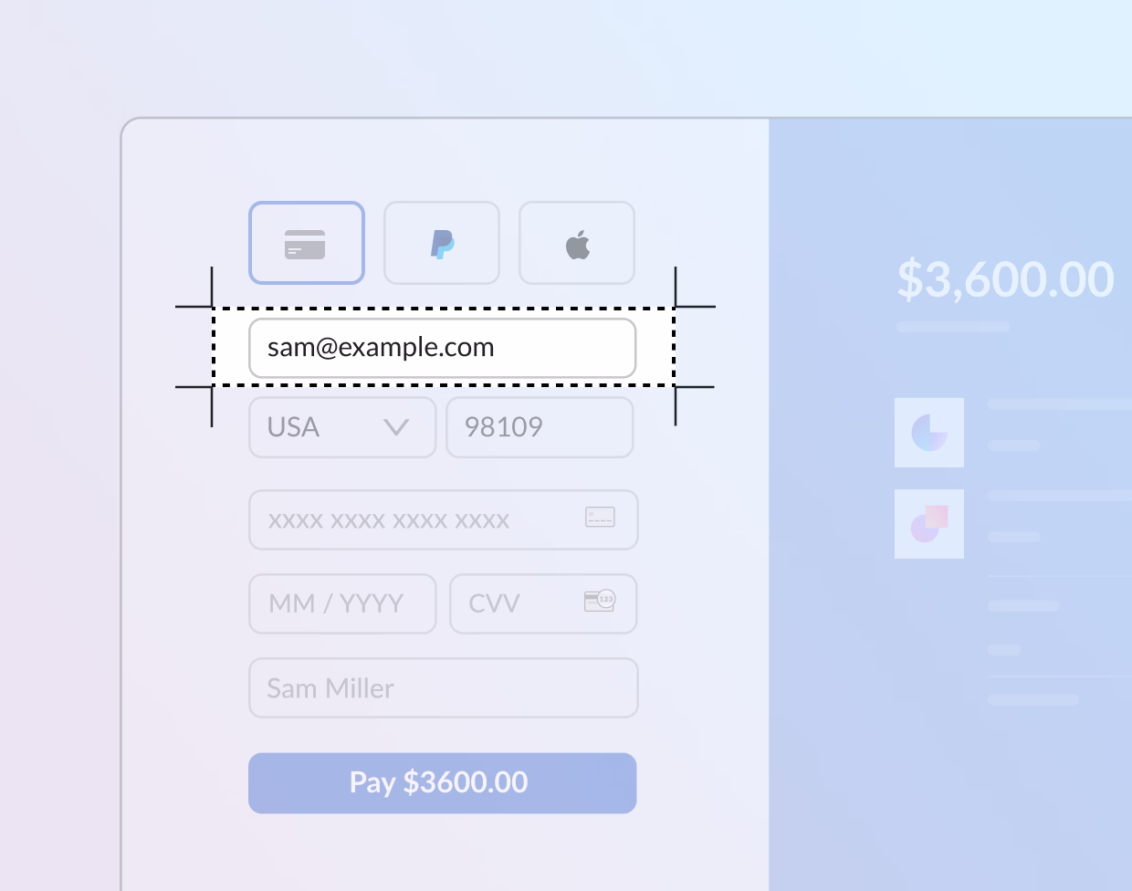 Illustration showing a checkout implementation with the email field highlighted. The field is filled in with the customers email address.