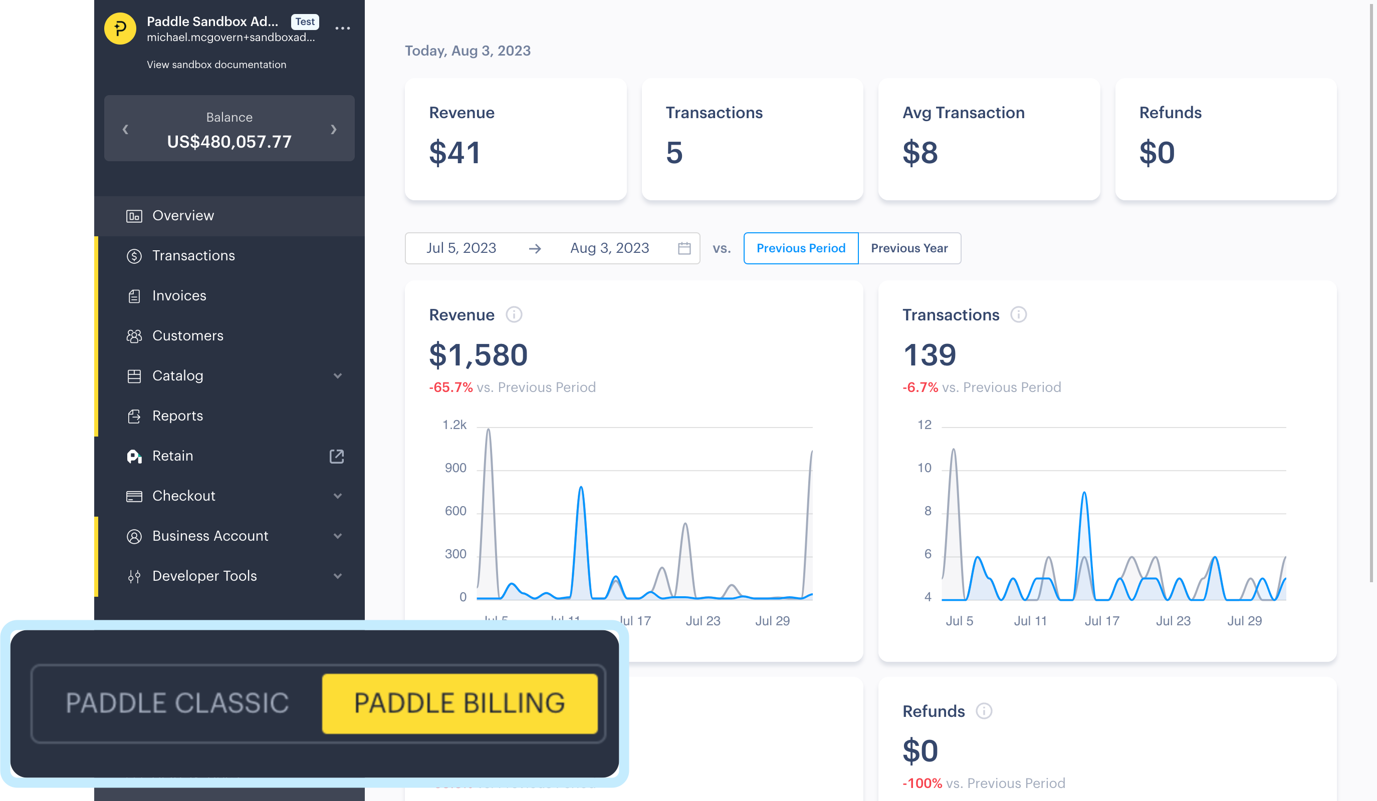 Screenshot showing a Paddle dashboard that's opted in to Paddle Billing. There is a toggle at the bottom-left, which has been called out. The toggle has options for Paddle Classic and Paddle Billing, and Paddle Billing is selected.