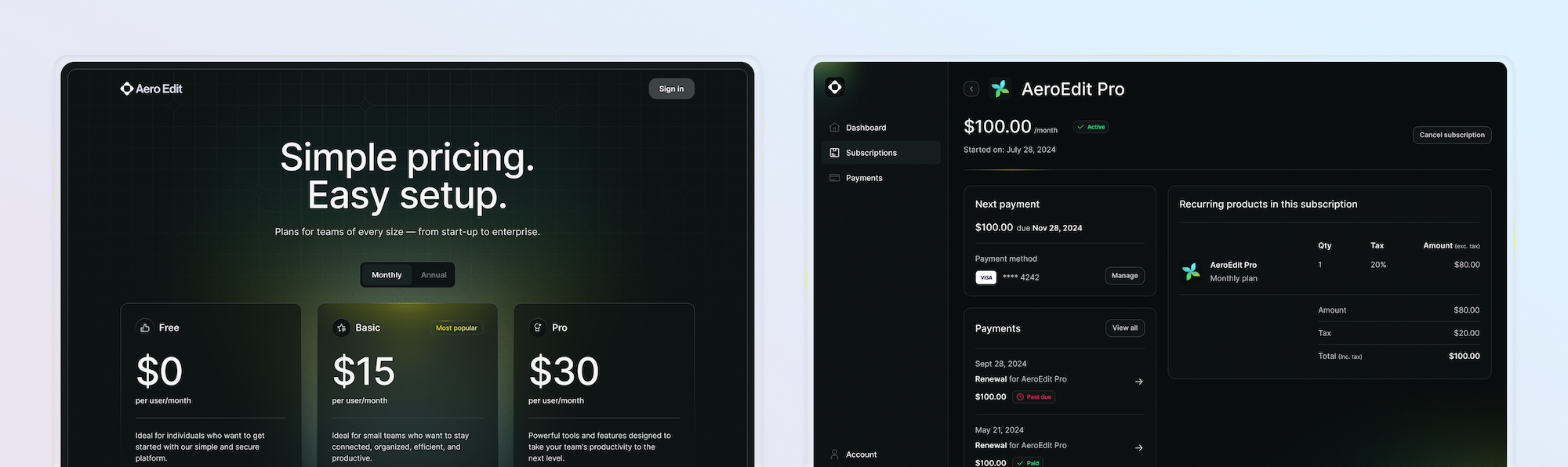 Screenshot of the pricing page and dashboard page in the Paddle Billing SaaS starter kit.
