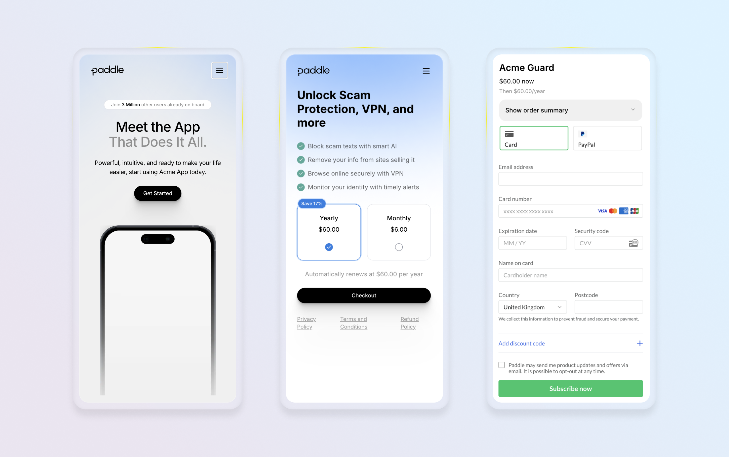 Screenshots of the Web Monetization Kit, showing the landing page, pricing page, and checkout page.