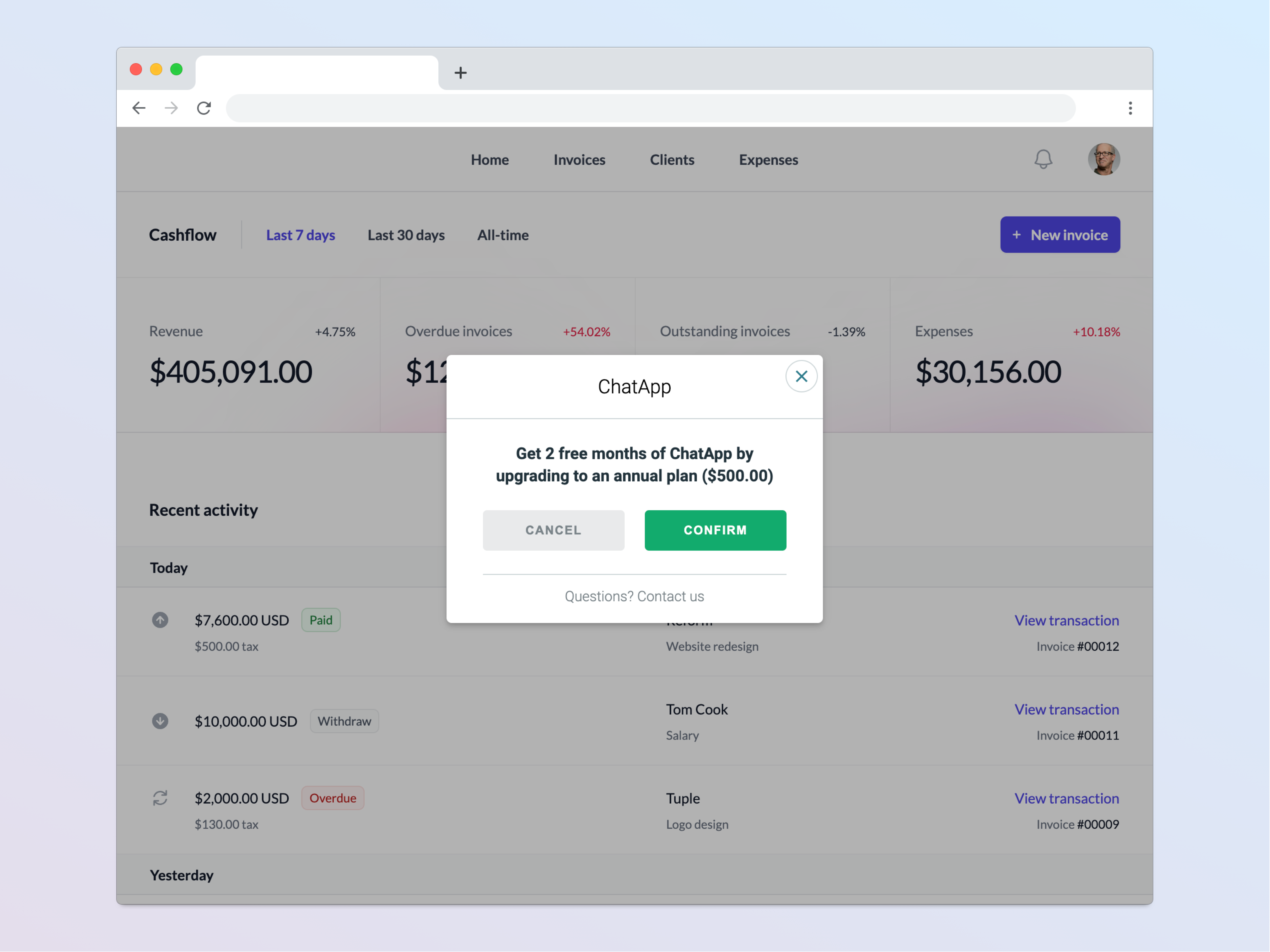Screenshot of a demo web app with a term optimization modal open. It says 'get 2 months free ChatApp by upgrading to an annual plan' and there are buttons to confirm or cancel.