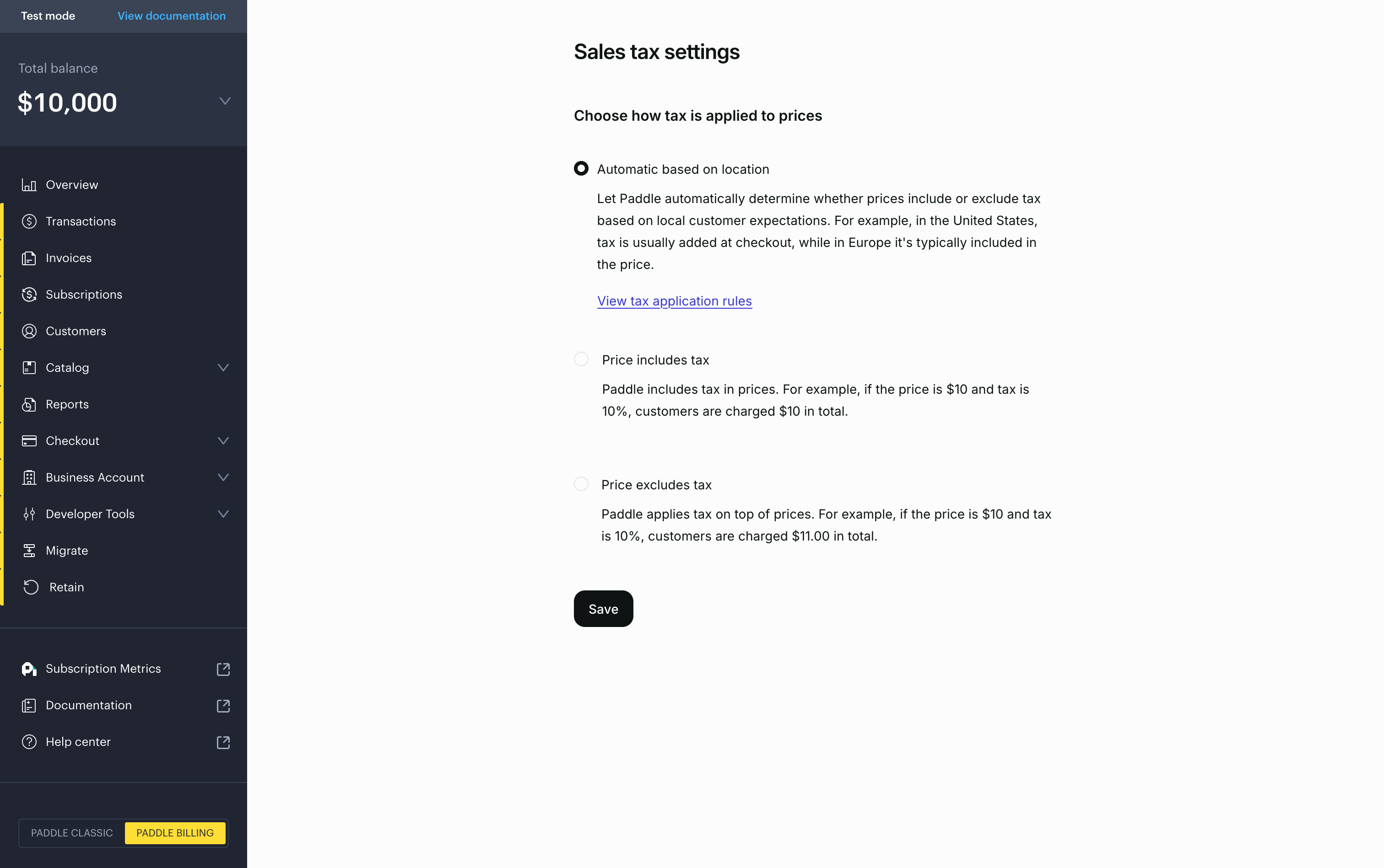 Paddle billing dashboard showing the Sales tax settings page with three options for how tax is applied to prices: automatic based on location, price includes tax, or price excludes tax.