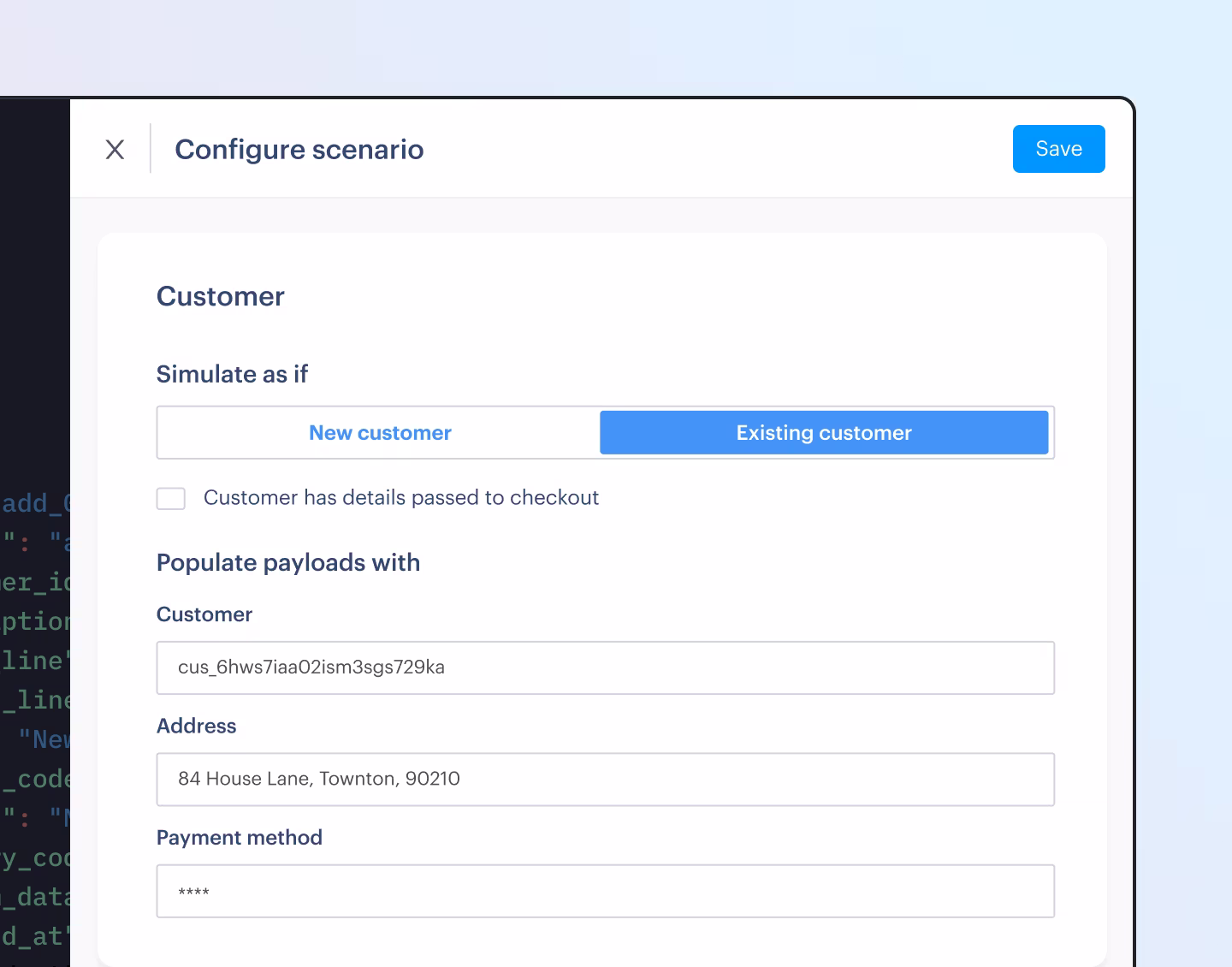 Illustration showing the configure scenario drawer for webhook simulations. It shows options to configure a subscription creation simulation with customer details.